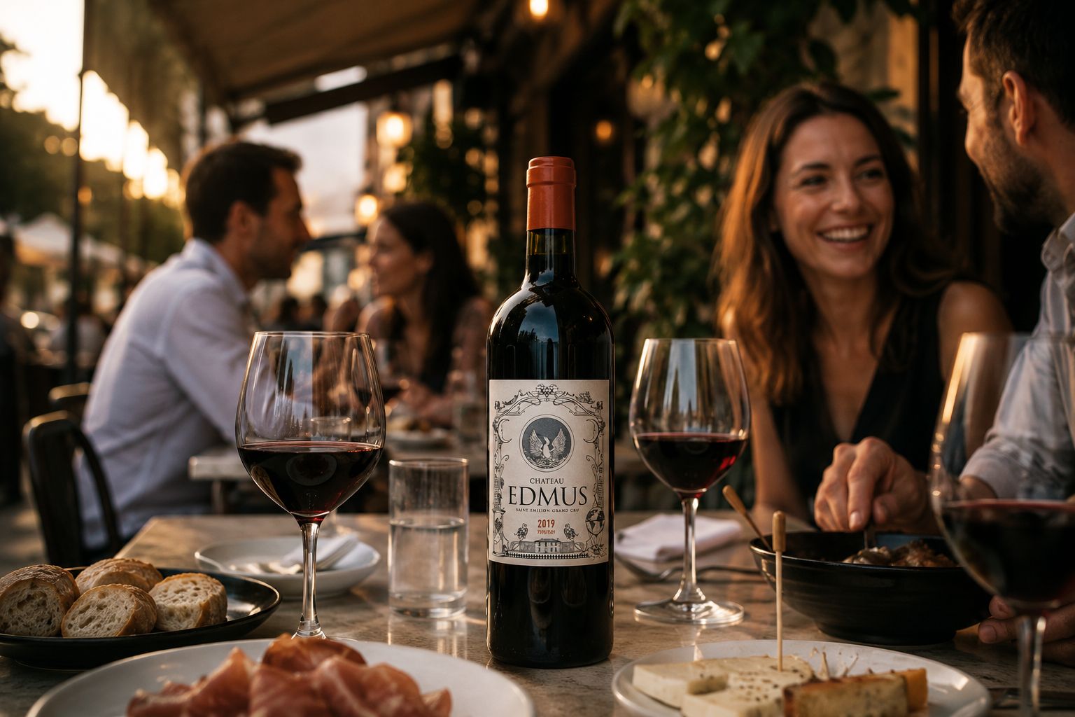 Repas en terrasse autour d'une bouteille de Château EDMUS